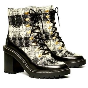 Tory Burch Miller Tweed & Leather Trimmed Lace Up Boots New With Tags Dust Bag